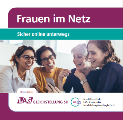 Grafik mit lachenden Frauen um ein Smartphone herum und dem Titel "Frauen im Netz: Sicher online unterwegs"